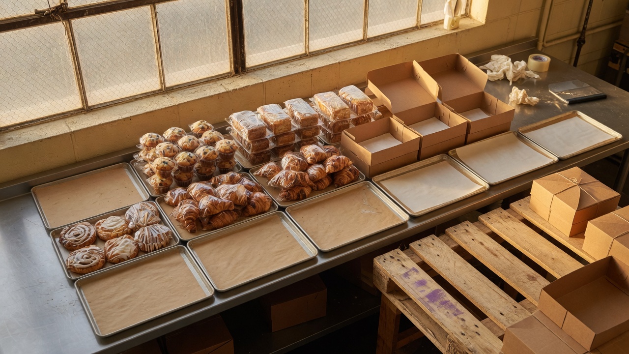 Pastries packed and boxed on a wholesale bakery packing table.